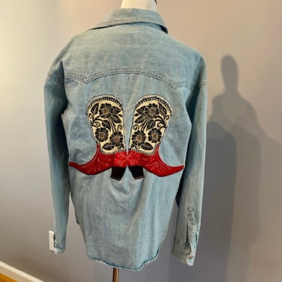 VINTAGE Jake Stewart Cowboy boots embroidered on Denim shirt - Picture 1 of 3